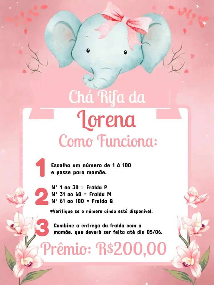Convite Chá Rifa Elefantinha Menina