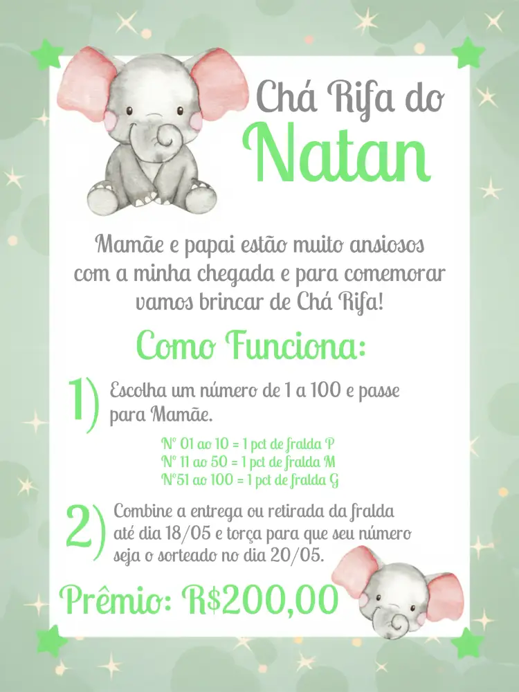 Convite Chá Rifa Elefantinho Cha – tema Chá Rifa infantil, verde e branco, elefante, festivo, divertido