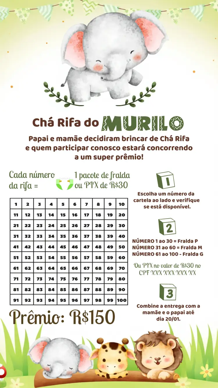Convite Chá Rifa Elefantinho Cha – tema Chá Rifa safari, colorido, brincalhão, animais, moderno, temático
