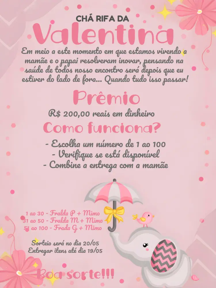 Convite Chá Rifa Elefantinho Cha – tema Chá Rifa rosa e cinza, elefante fofo, estilo chevron, moderno e divertido, infantil e alegre, design digital
