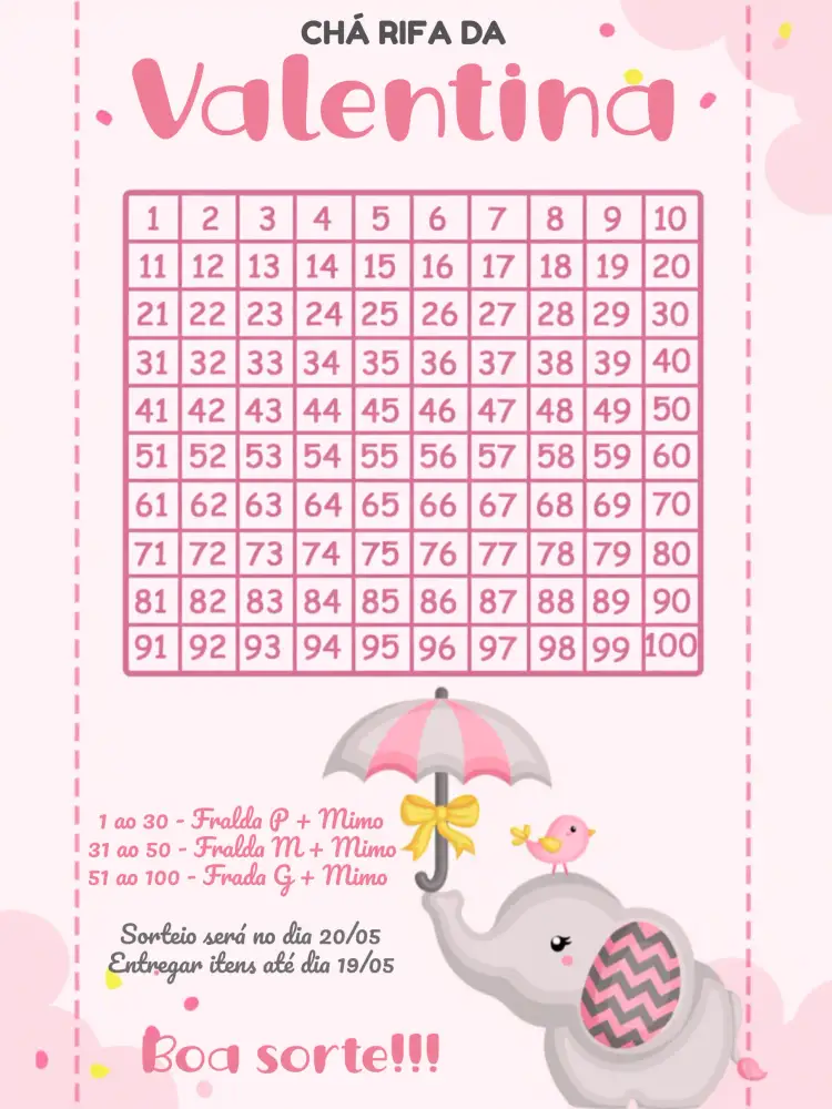 Convite Chá Rifa Elefantinho Rosa – tema Chá Rifa rosa, chevron, cinza, branco, infantil