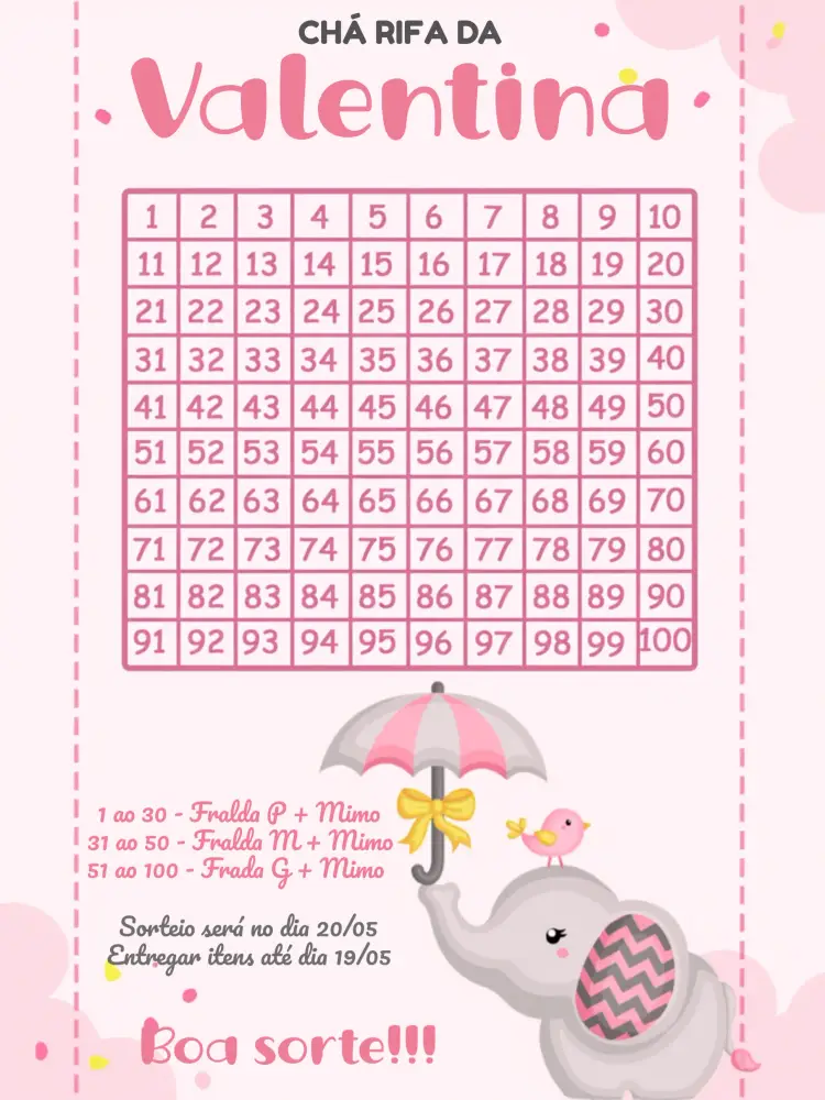 Convite Chá Rifa Elefantinho Rosa