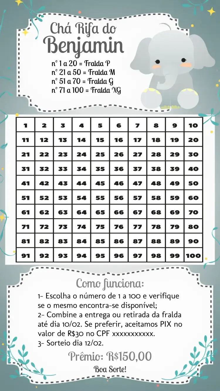 Convite Chá Rifa Elefantinho Estrela – tema Chá Rifa cinza e branco, fofo, infantil, moderninho, celebração, estrelas