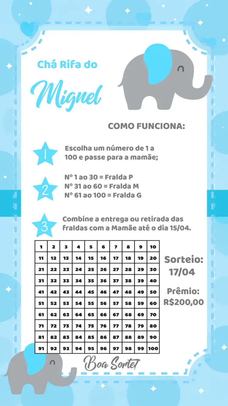 Convite Chá Rifa Elefantinho Fralda – tema Chá Rifa azul, dourado, branco, elefante, divertido, infantil