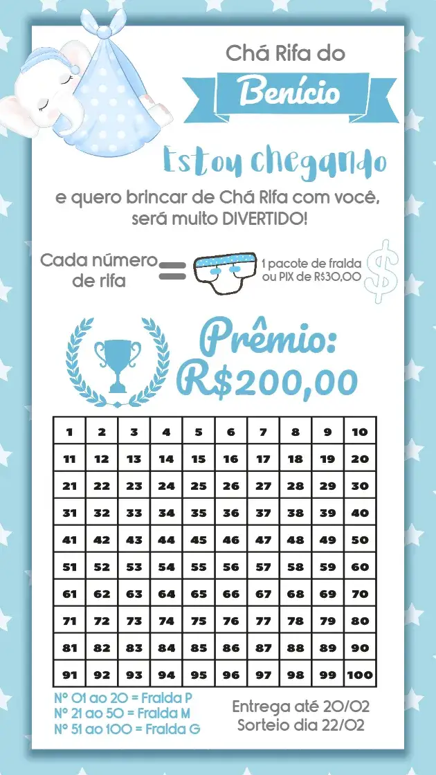 Convite Chá Rifa Elefantinho Fralda – tema Chá Rifa azul, branco, lúdico, infantil, moderno