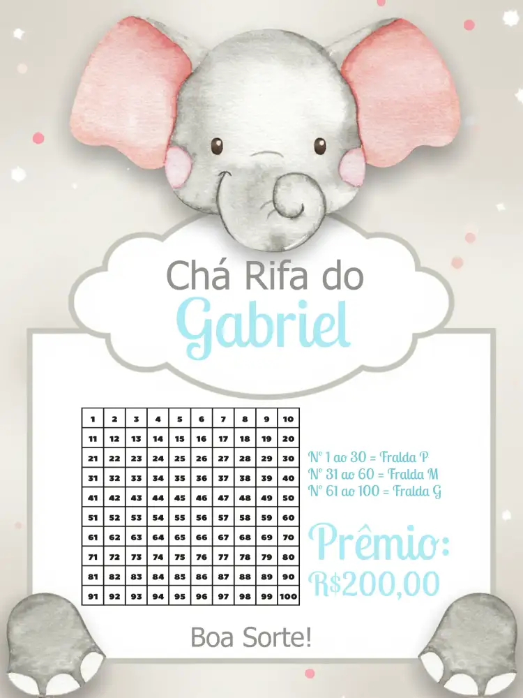 Convite Chá Rifa Elefantinho Safari – tema Chá Rifa safari, minimalista, moderno, fofo, brincalhão, azul e cinza