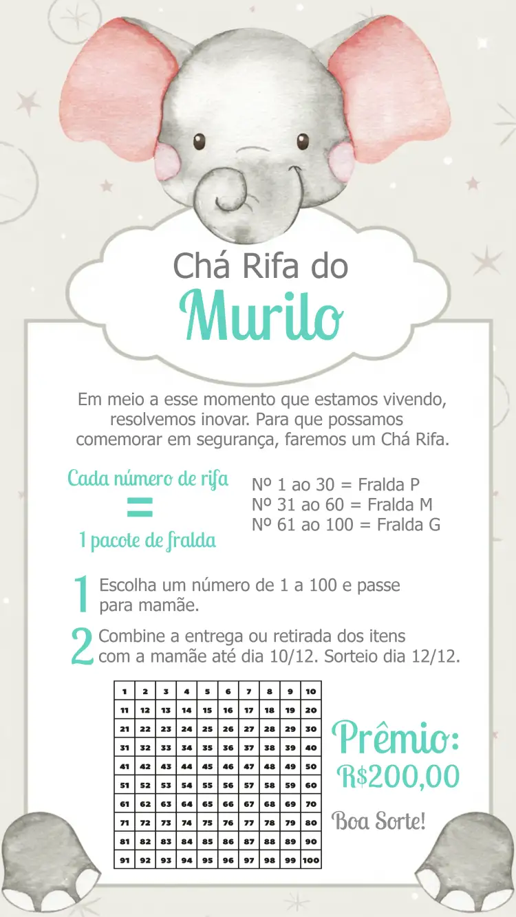 Convite Chá Rifa Elefantinho Elefante – tema Chá Rifa safari, cinza, branco, azul, fofo, moderno