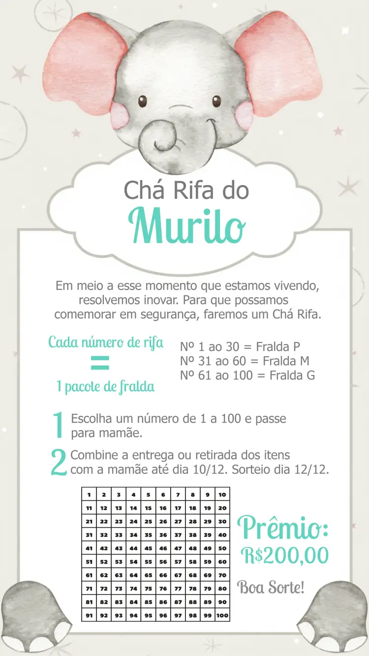 Convite Chá Rifa Elefantinho Elefante