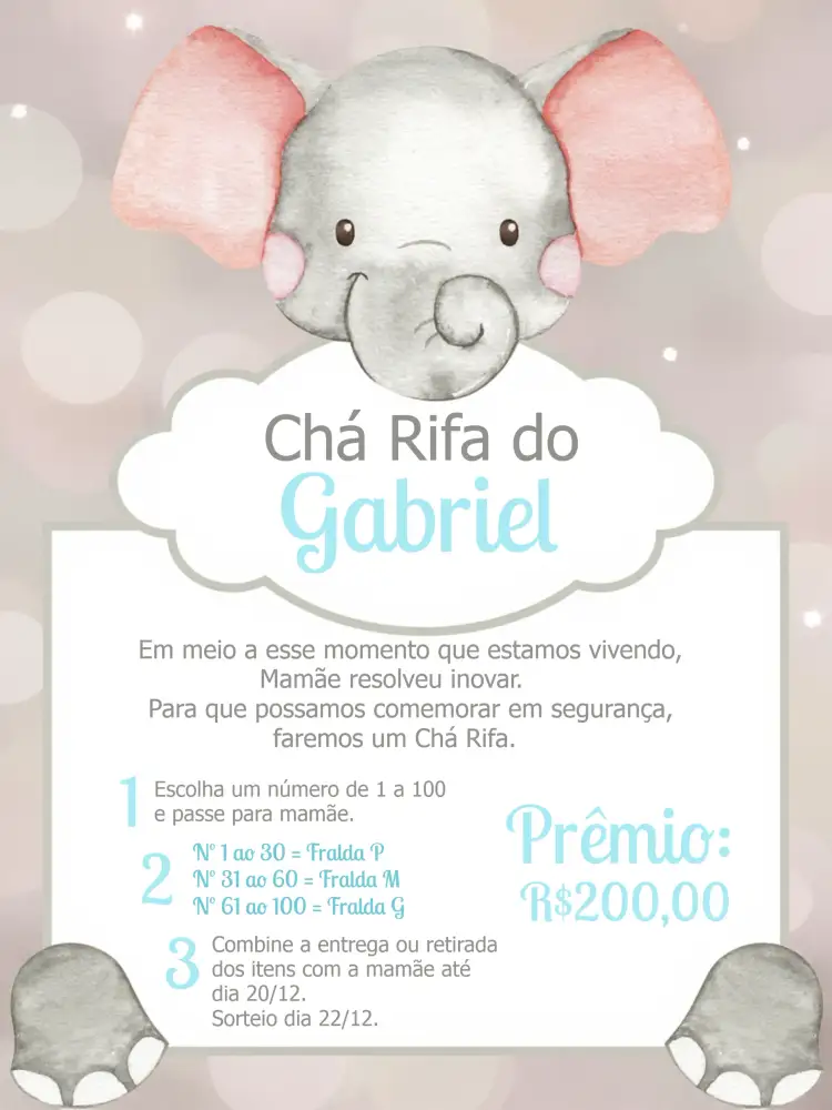 Convite Chá Rifa Elefantinho Bebe – tema Chá Rifa safari, elegante, moderninho, brincalhão, leve, minimalista