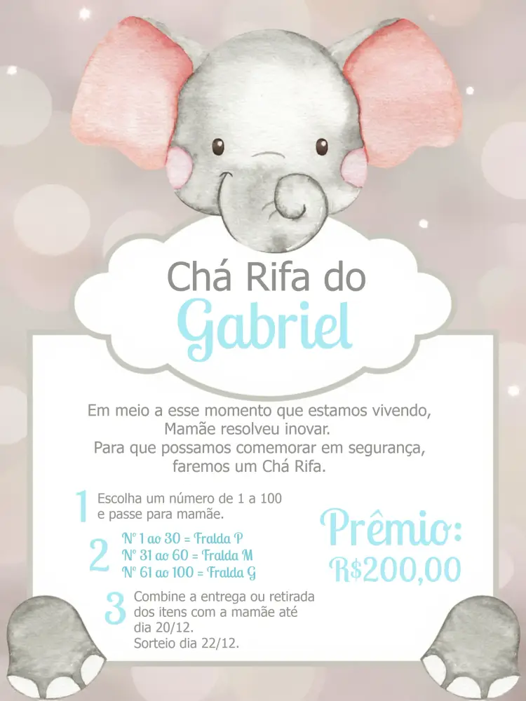 Convite Chá Rifa Elefantinho Bebe