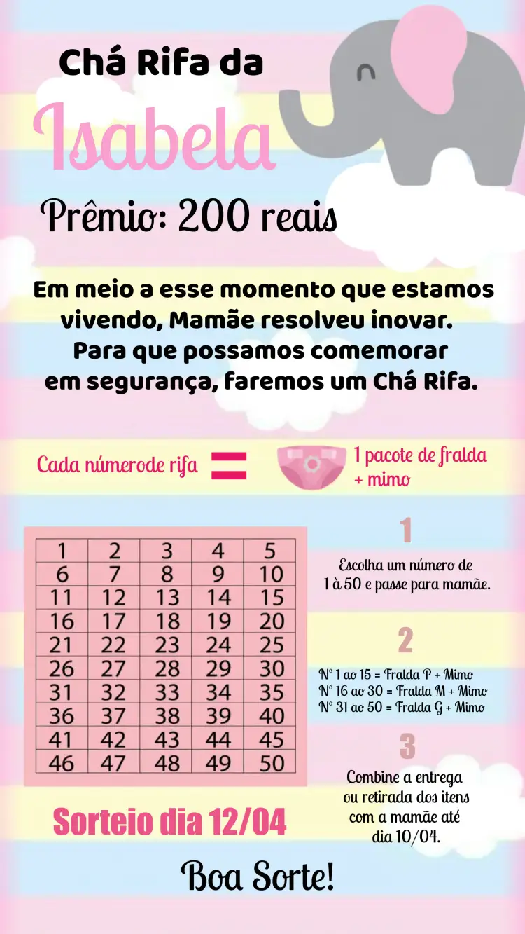 Convite Chá Rifa Elefantinho Elefantinha – tema Chá Rifa moderno, delicado, lúdico, colorido, infantil, fofo