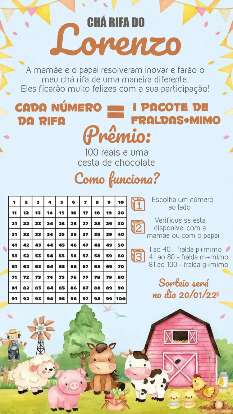 Convite Chá Rifa Fazendinha Aquarela Menino – tema Chá Rifa aquarela, animais, fazenda, cores suaves, lúdico, infantil