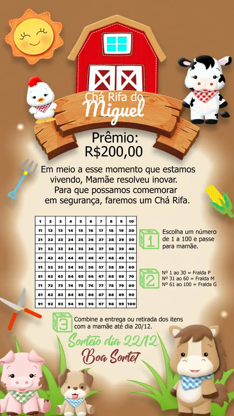 Convite Chá Rifa Fazendinha Bebe – tema Chá Rifa rural, colorido, divertido, animais, verde e amarelo, festa temática
