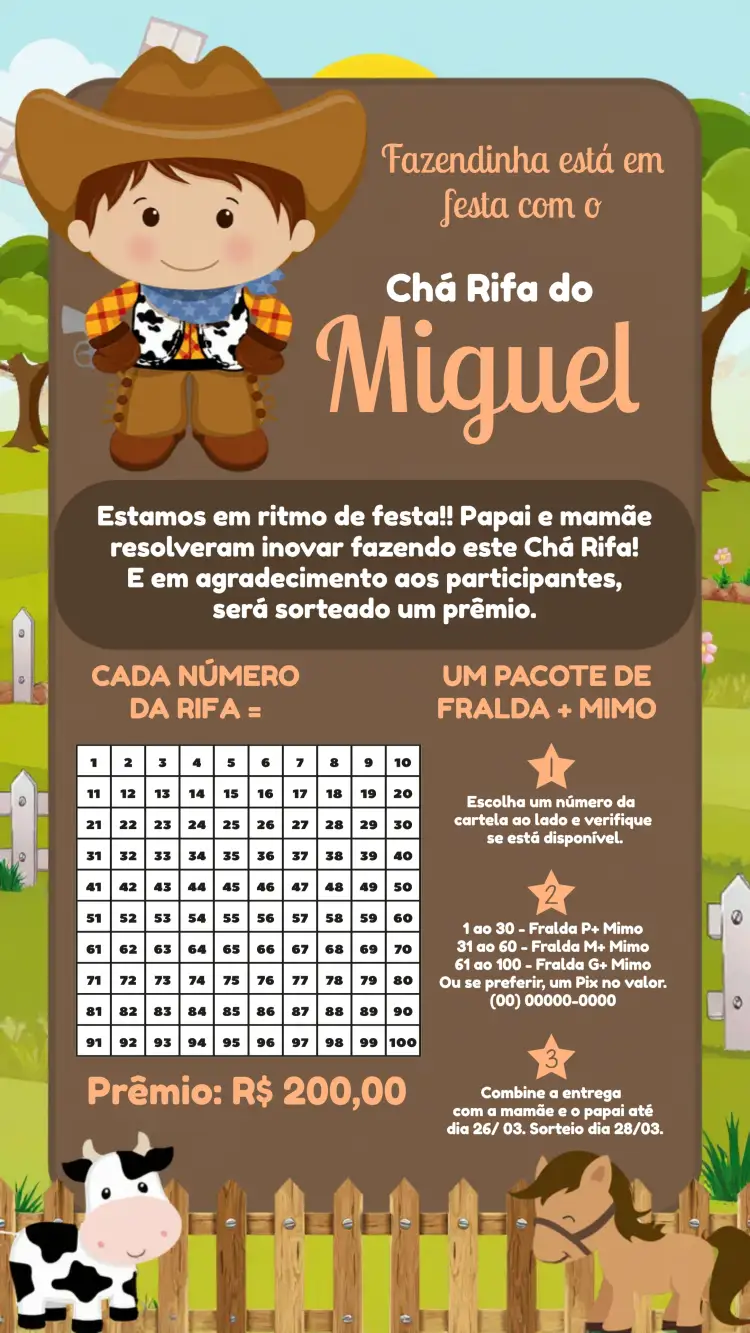 Convite Chá Rifa Fazendinha Boi – tema Mais pesquisados rústico, fazenda, animal, vintage, colorido, divertido