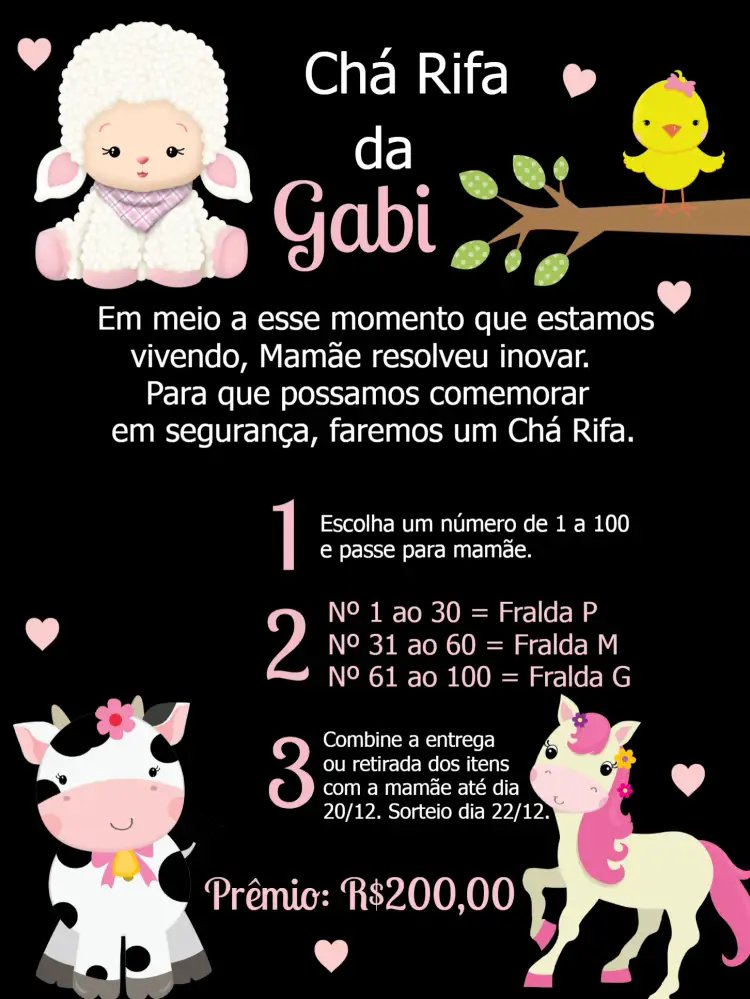 Convite Chá Rifa Fazendinha Rosa – tema Chá Rifa rosa e preto, animais da fazenda, vintage, ilustração infantil, festa temática, design alegre