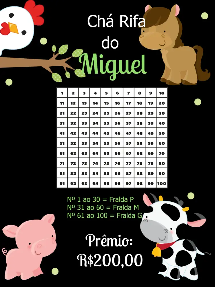 Convite Chá Rifa Fazendinha Preto – tema Chá Rifa fazendinha, rústico, animais, preto e verde, divertido, temático