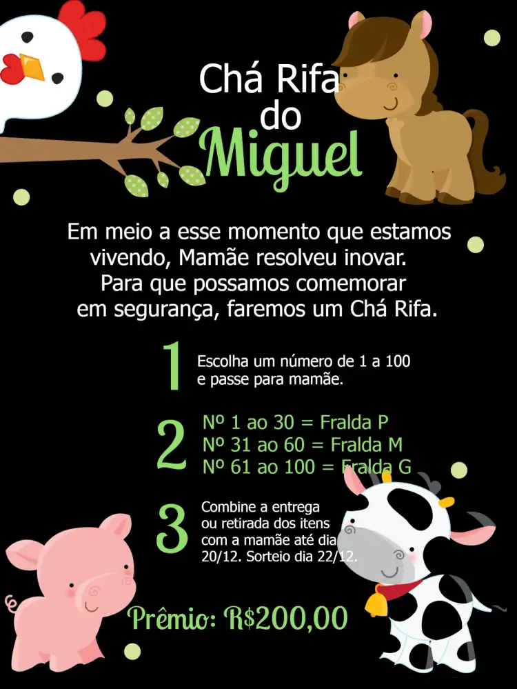 Convite Chá Rifa Fazendinha Cavalo – tema Chá Rifa fazenda, animais, cores vibrantes, rústico, lúdico, divertido