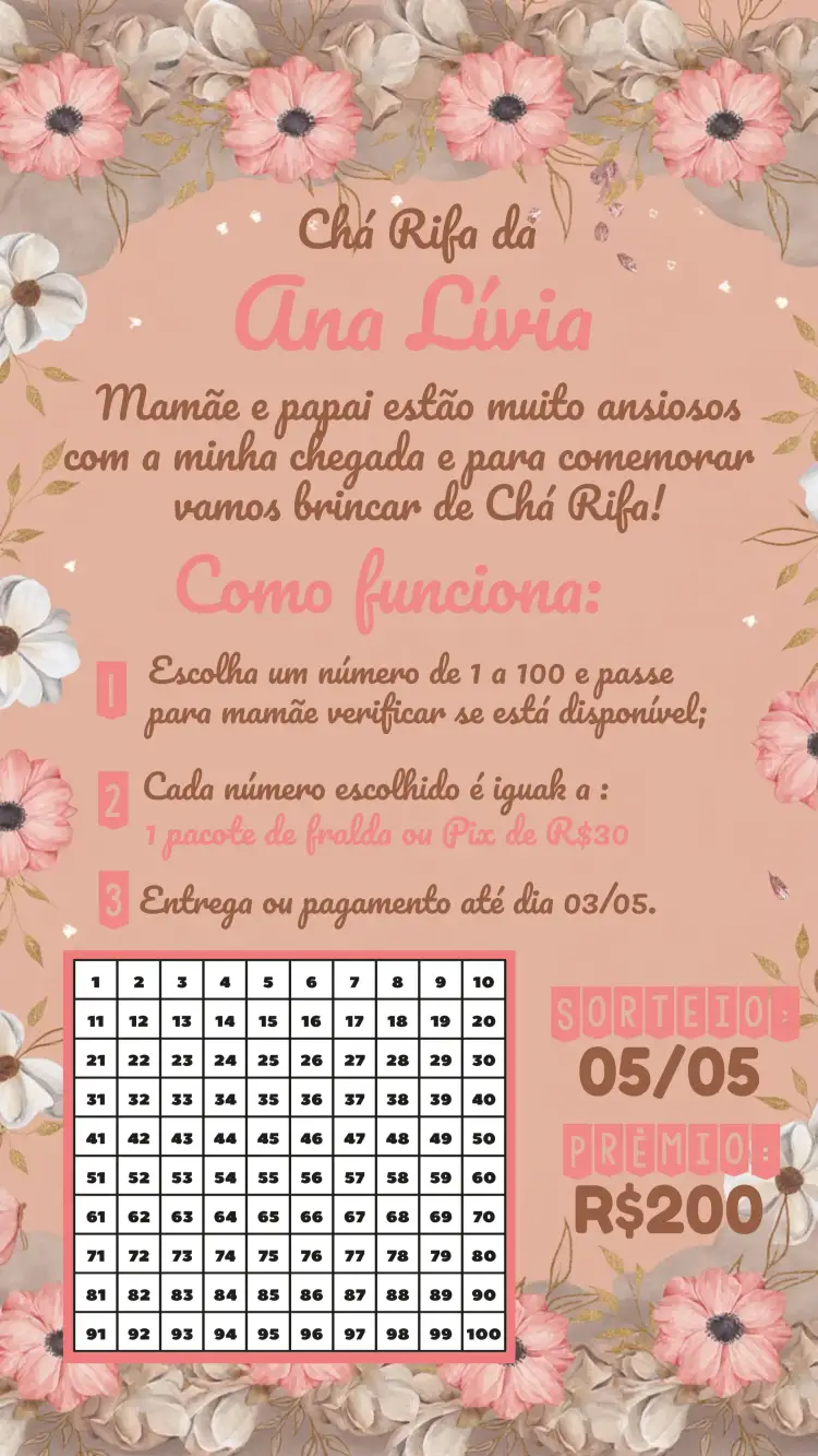 Convite Chá Rifa Floral 100 – tema Chá Rifa floral, delicado, romântico, moderno, suave, feminino