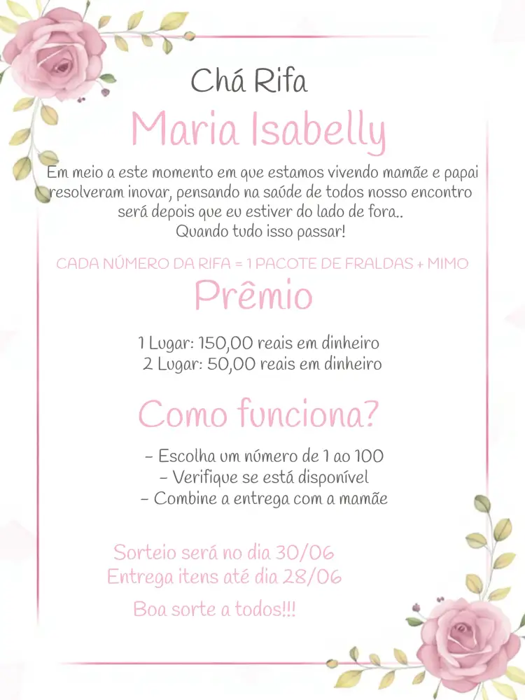 Convite Chá Rifa Floral Branco – tema Chá Rifa floral, delicado, romântico, colorido, moderno, elegante