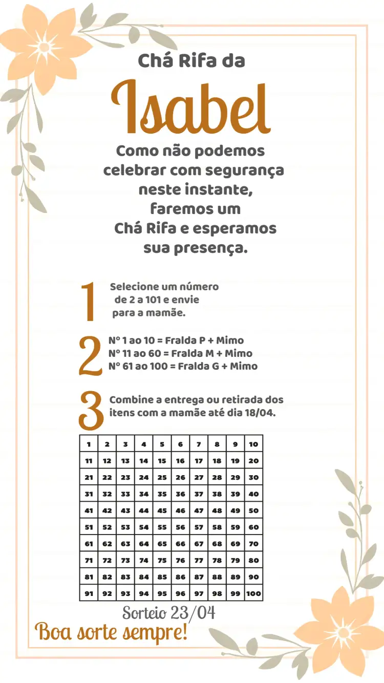Convite Chá Rifa Floral Cartela – tema Chá Rifa floral, delicado, neutro, divertido, colorido
