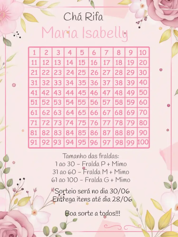 Convite Chá Rifa Floral Cartela – tema Chá Rifa floral, delicado, rosa, verde, lilas, moderno