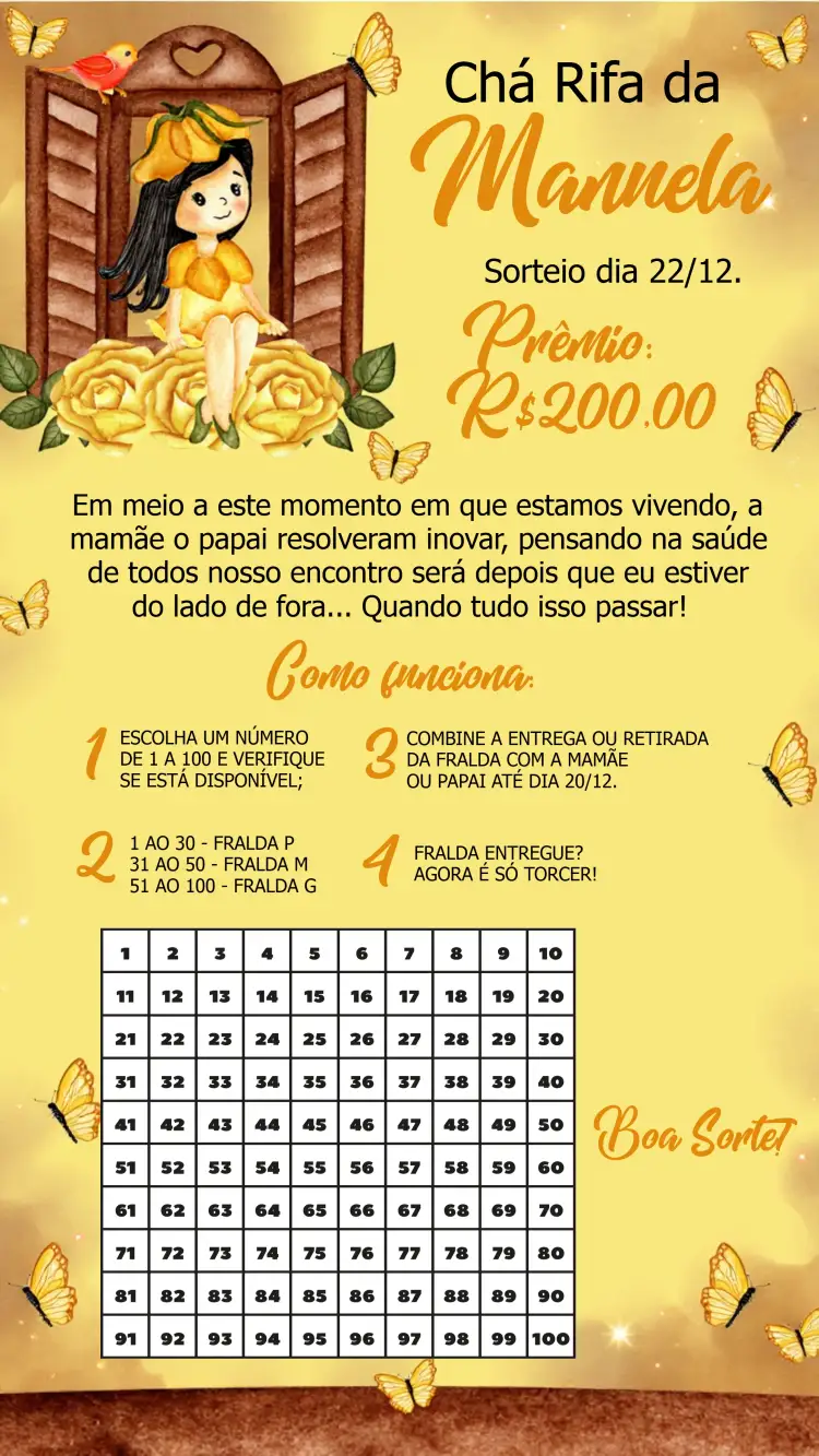 Convite Chá Rifa Flores Amarelo – tema Chá Rifa floral, moderno, encantado, amarelo e marrom, jardim, delicado