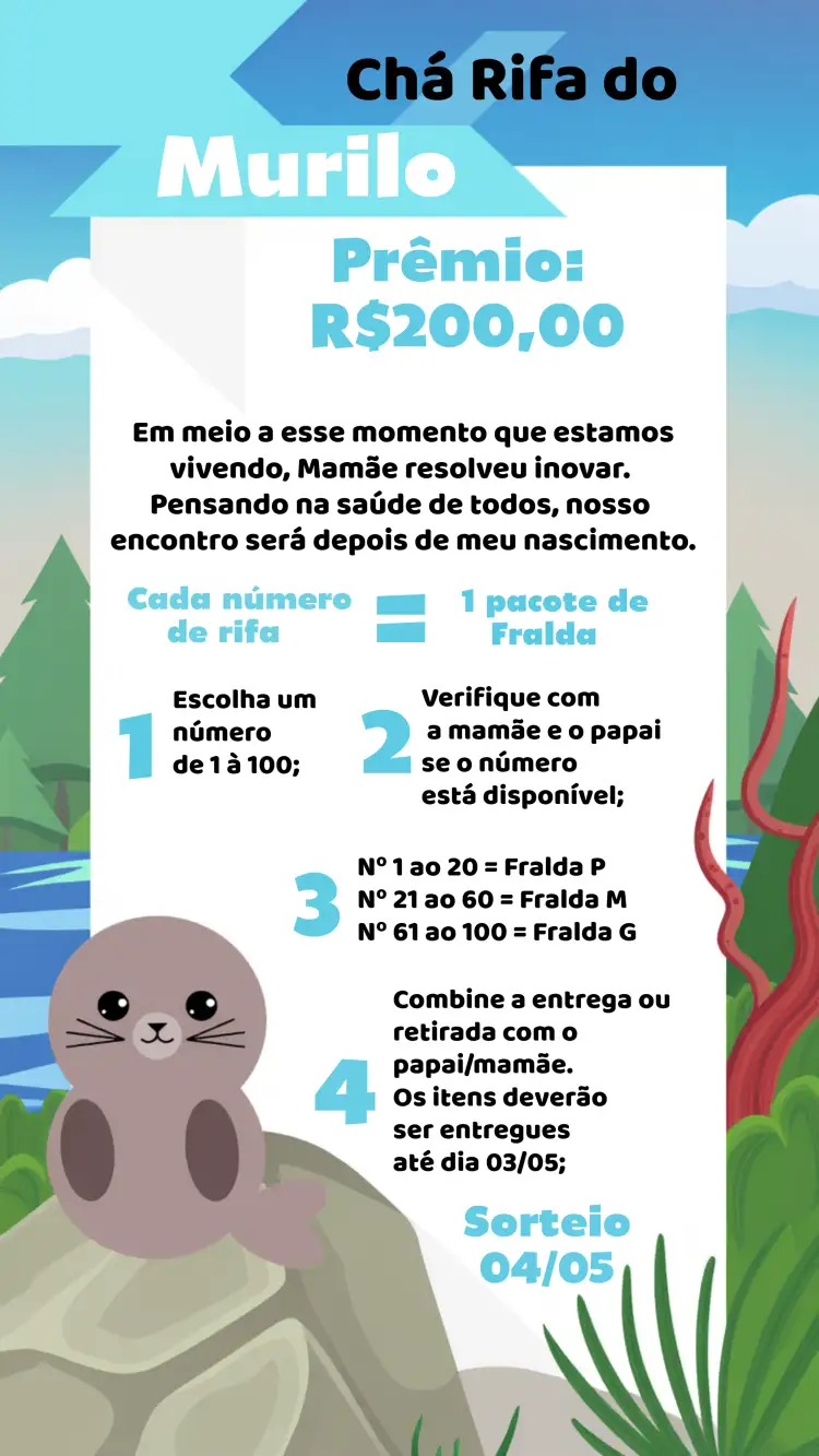 Convite Chá Rifa Foca Prêmio – tema Chá Rifa marinho, divertido, colorido, infantil, minimalista
