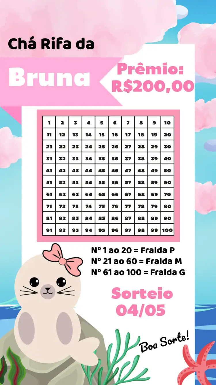 Convite Chá Rifa Foca Bebe – tema Chá Rifa marinho, infantil, divertido, colorido, temático, suave