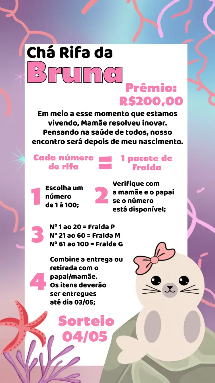 Convite Chá Rifa Foca Números – tema Chá Rifa marinho, colorido, divertido, fofo, infantil