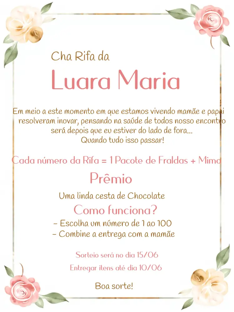 Convite Chá Rifa Fraldas Floral Cha – tema Chá Rifa floral, delicado, rosa, verde, dourado, moderno