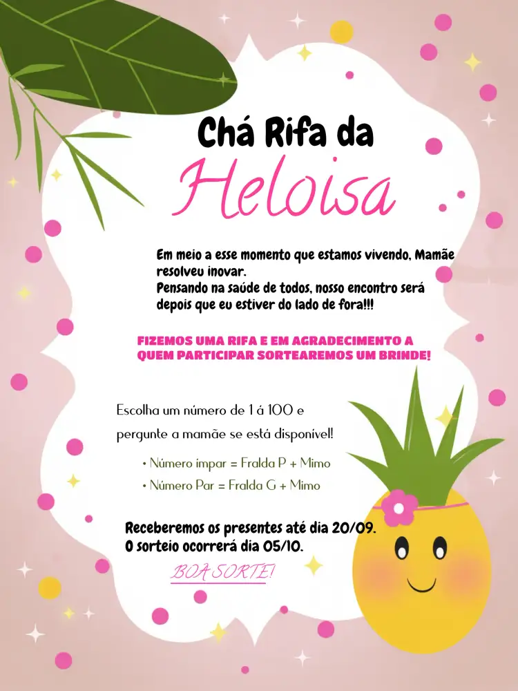 Convite Chá Rifa Frutinhas Abacaxi Rosa – tema Chá Rifa tropical, colorido, divertido, moderno, feminino