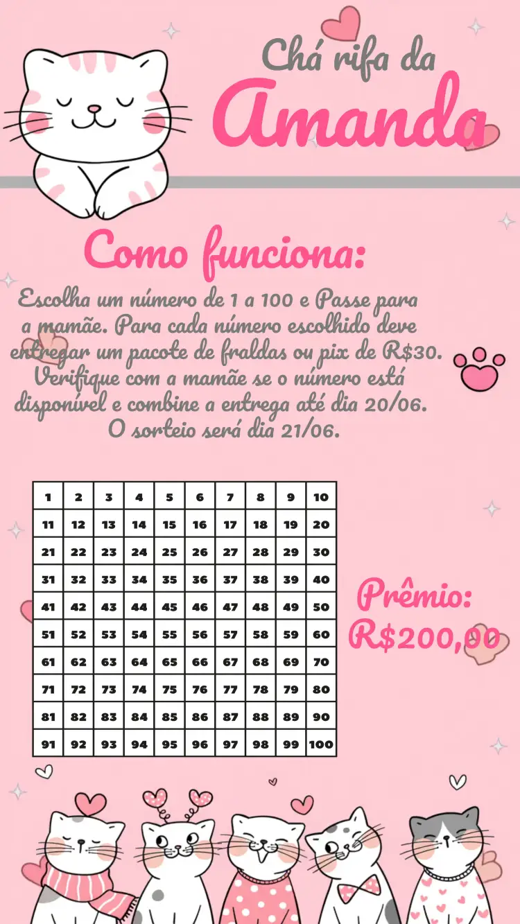 Convite Chá Rifa Gatinhos Bebê – tema Chá Rifa delicado, lúdico, moderno, rosa e cinza, infantil, divertido