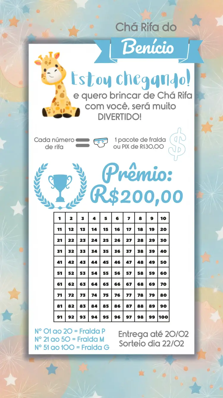 Convite Chá Rifa Girafa Cha editável e personalizável