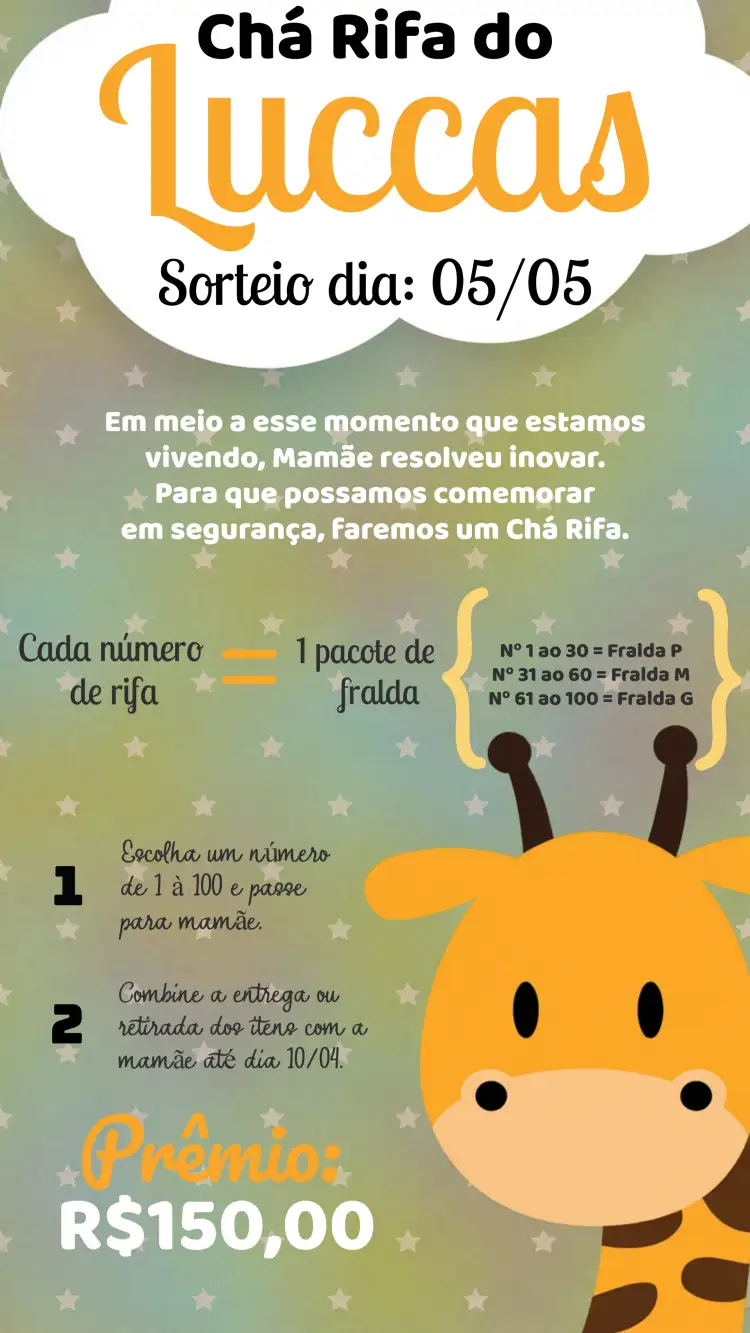 Convite Chá Rifa Girafa Girafinha – tema Chá Rifa safari, animais, cores suaves, divertido, infantil, moderno