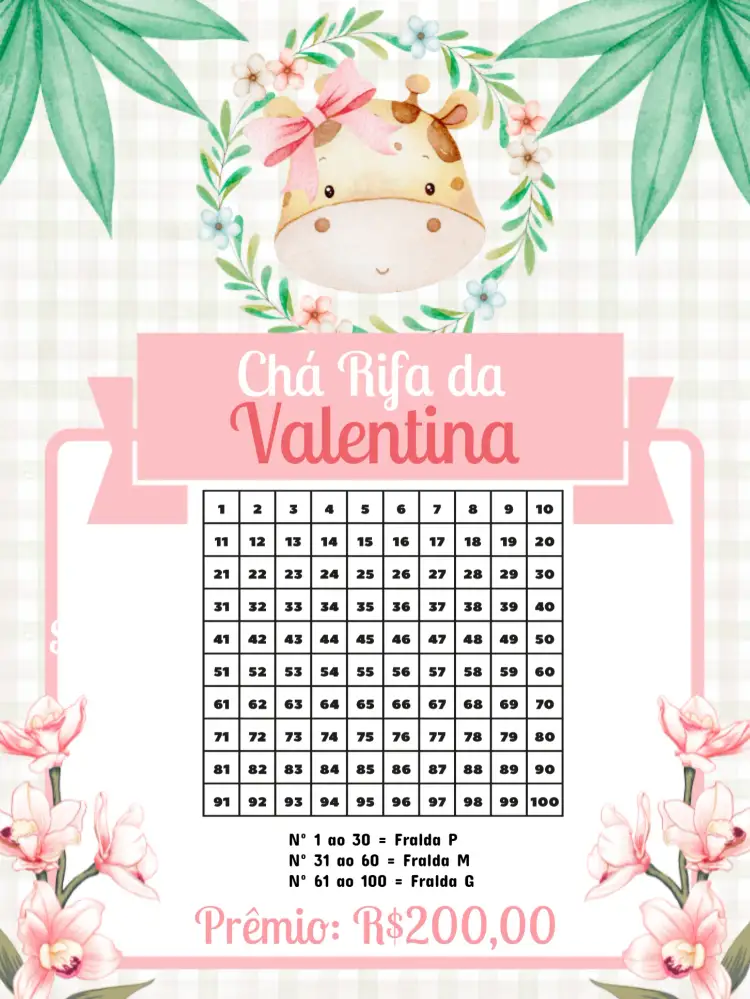 Convite Chá Rifa Girafinha Preto – tema Chá Rifa moderno, safari, divertido, colorido, infantil, minimalista