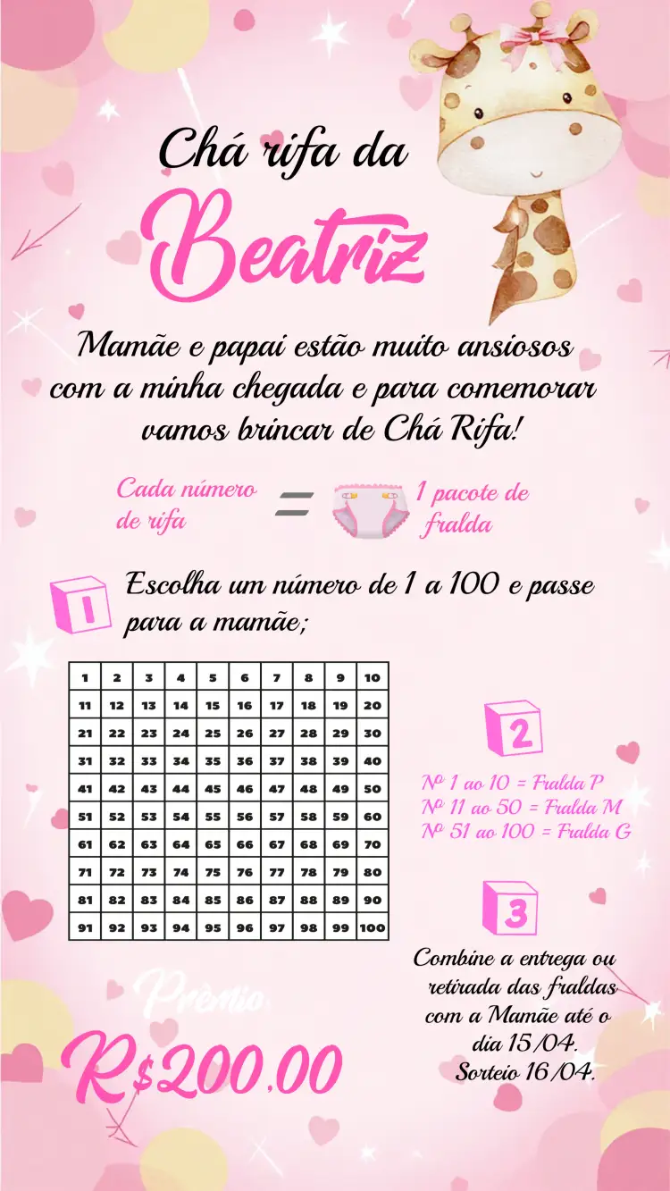 Convite Chá Rifa Girafinha Bebê – tema Chá Rifa floral, safari, rosa e branco, divertido, delicado, moderno