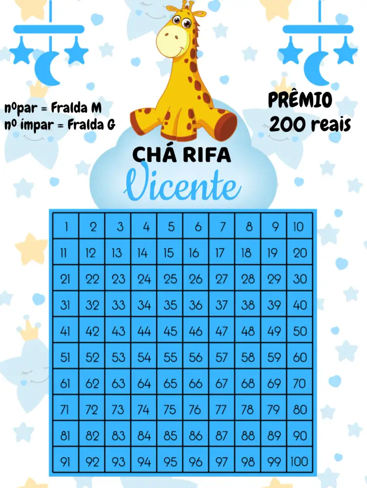 Convite Chá Rifa Girafinha Branco – tema Chá Rifa lúdico, colorido, infantil, moderno, divertido