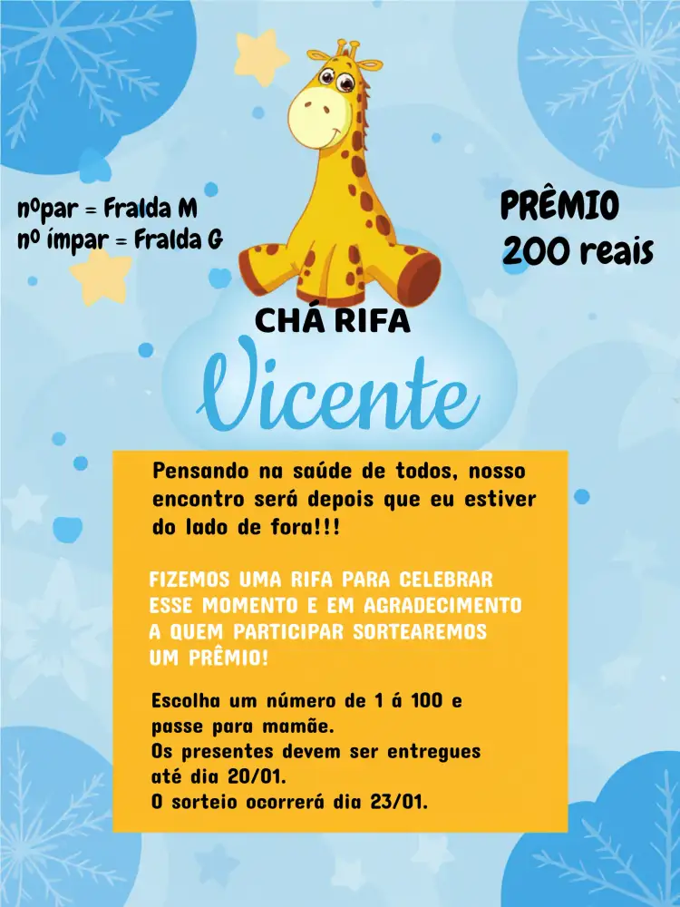 Convite Chá Rifa Girafinha Estrelas – tema Chá Rifa infantil, colorido, lúdico, moderno, divertido, temático