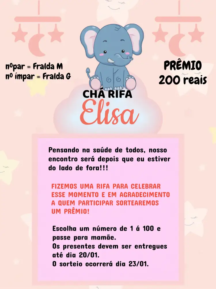 Convite Chá Rifa Girafinha Rosa – tema Chá Rifa fofo, colorido, infantil, divertido, ilustrações lúdicas, moderno