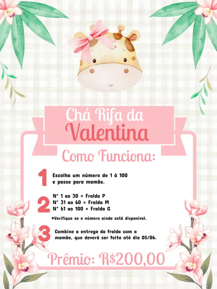 Convite Chá Rifa Girafinha Preto – tema Chá Rifa moderno, safari, preto e rosa, divertido, elegante