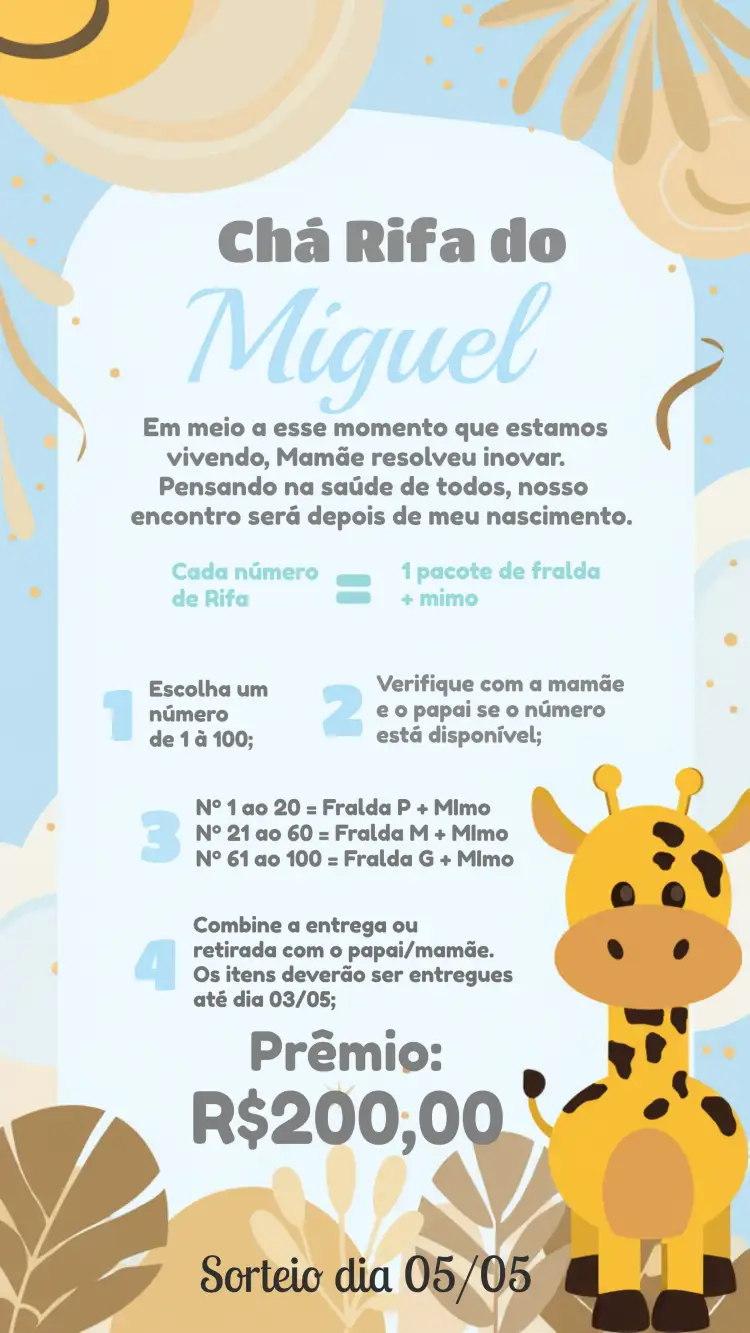 Convite Chá Rifa Girafinha Cha – tema Chá Rifa safari, infantil, lúdico, moderno, suave, temático