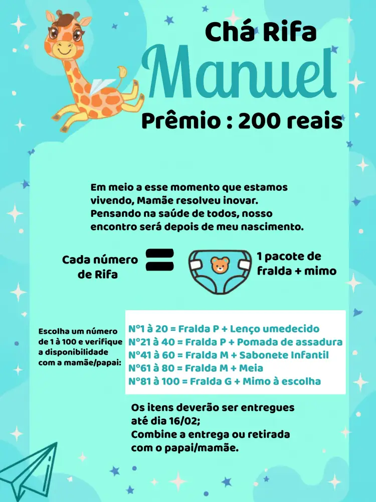 Convite Chá Rifa Girafinha Branco – tema Chá Rifa azul claro, branco, lúdico, infantil, moderno, temático