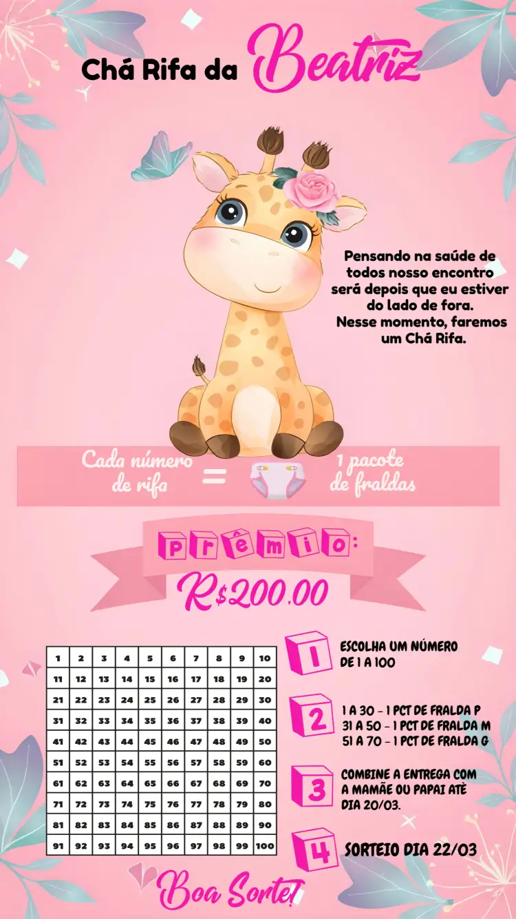 Convite Chá Rifa Girafinha Rosa – tema Chá Rifa floral, delicado, infantil, colorido, moderno