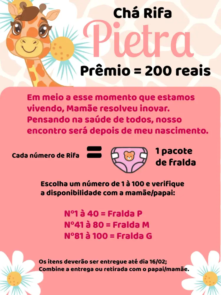 Convite Chá Rifa Girafinha Listras – tema Chá Rifa girafa, listras, floral, cores vibrantes, infantil, moderno