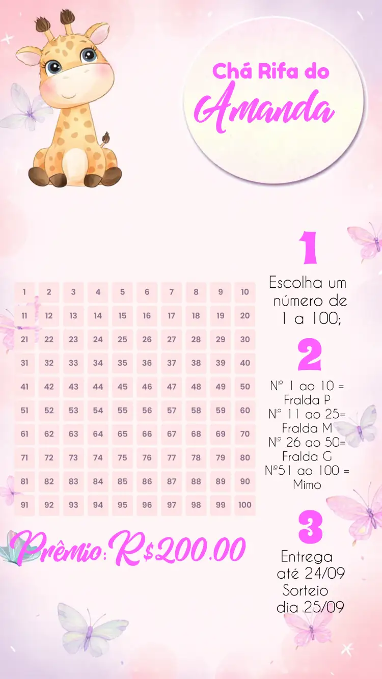 Convite Chá Rifa Girafinha Fralda – tema Mais pesquisados safari, floral, colorido, divertido, moderno, infantil