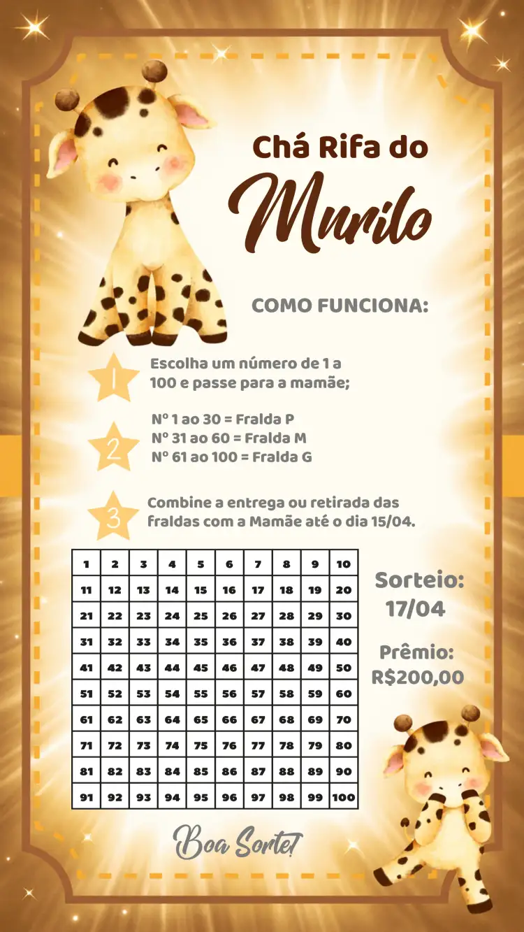 Convite Chá Rifa Girafinha Laranja – tema Chá Rifa safari, colorido, divertido, infantil, moderno