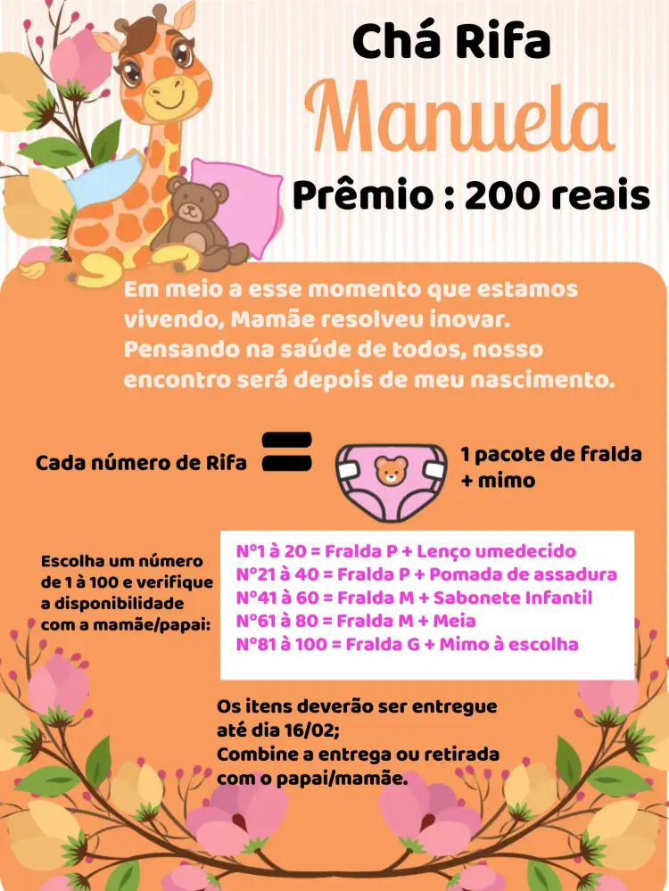 Convite Chá Rifa Girafinha Flores – tema Chá Rifa floral, colorido, infantil, alegre, moderno