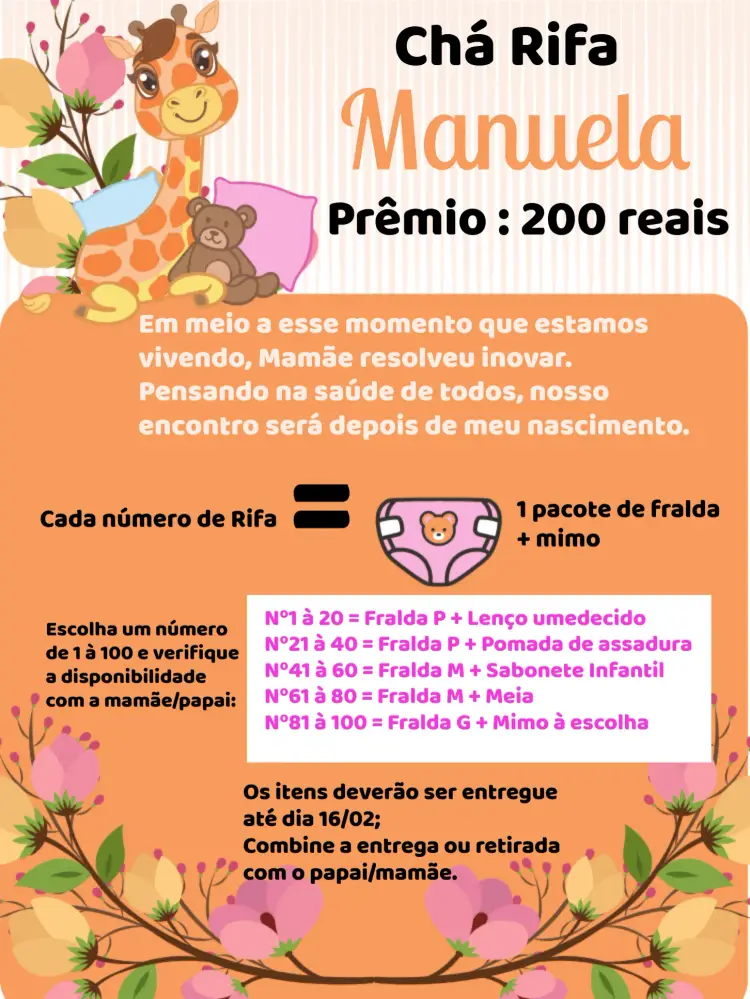 Convite Chá Rifa Girafinha Flores