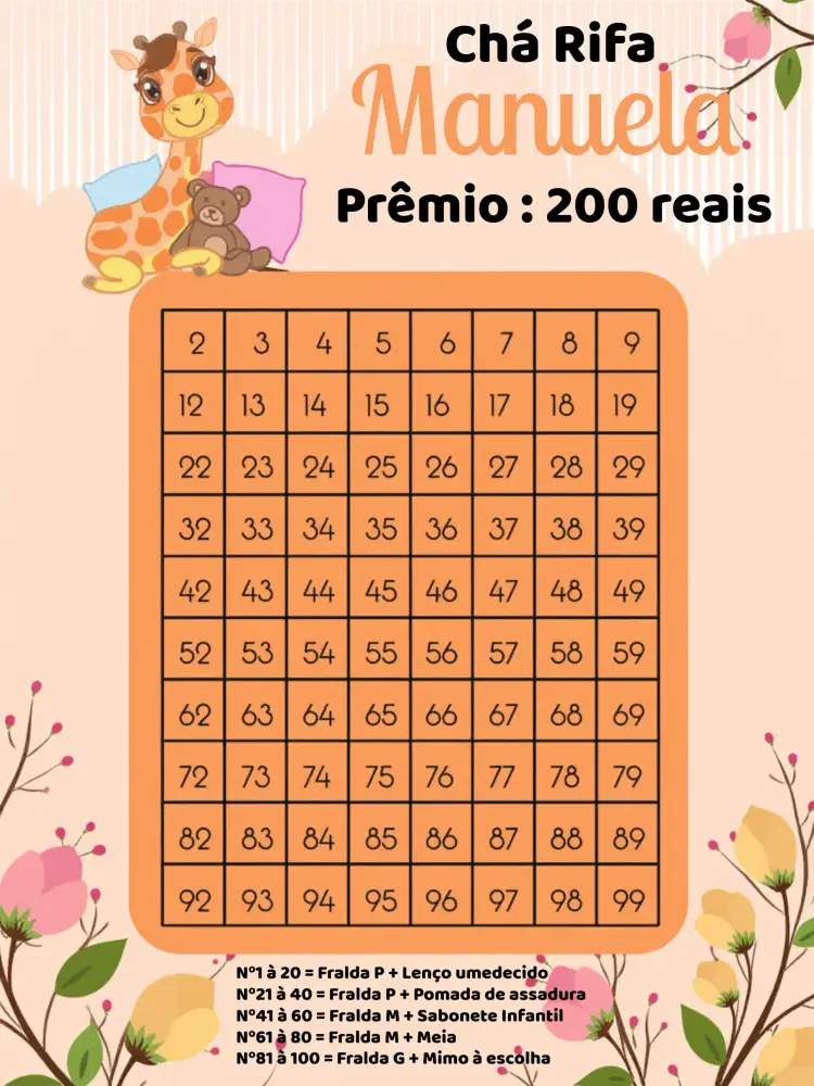 Convite Chá Rifa Girafinha Rosa – tema Chá Rifa rosa, girafa, nuvens, branco, lilás