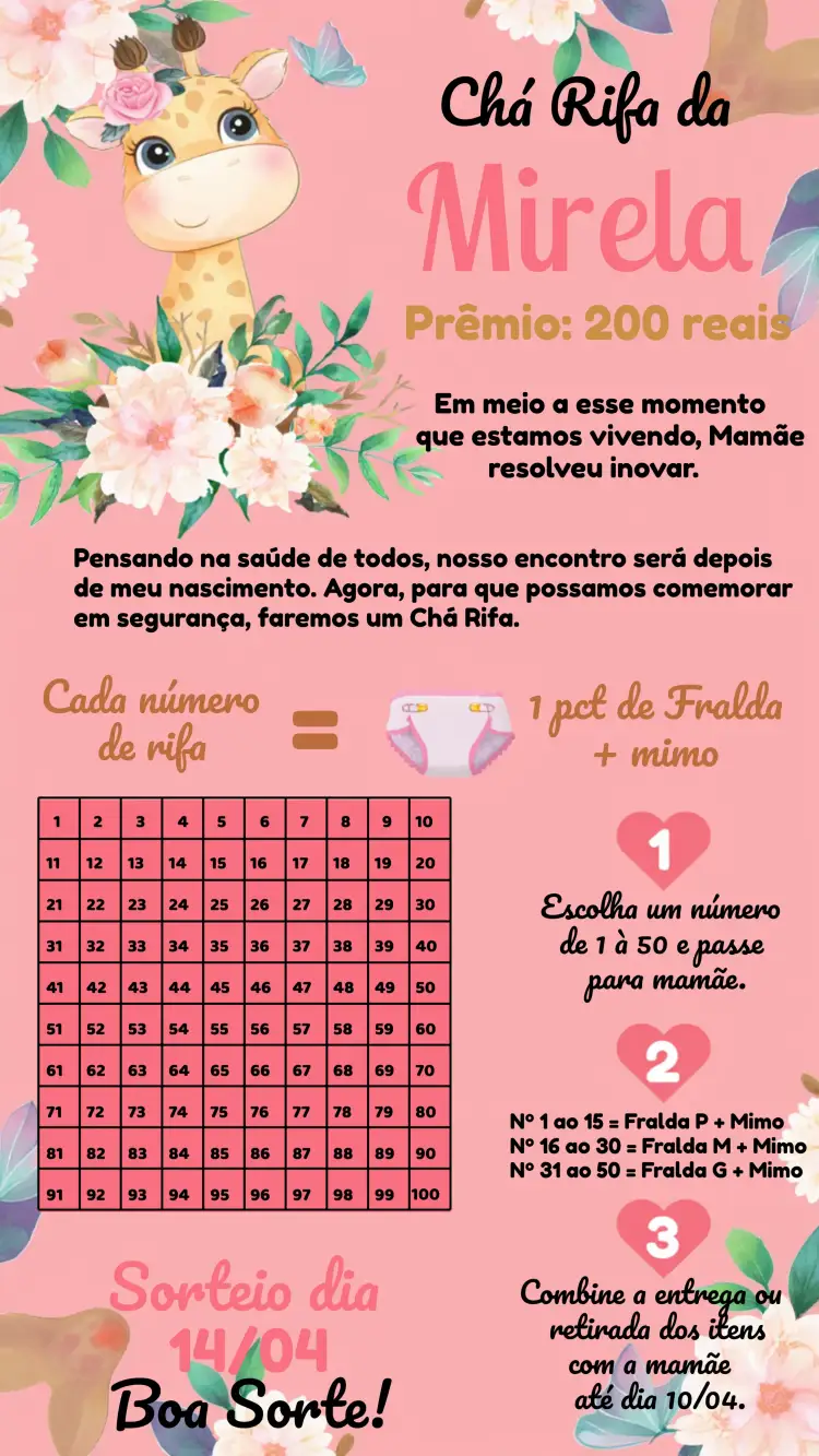 Convite Chá Rifa Girafinha Cartela – tema Chá Rifa safari, girafas, floral, colorido, brilho dourado, infantil
